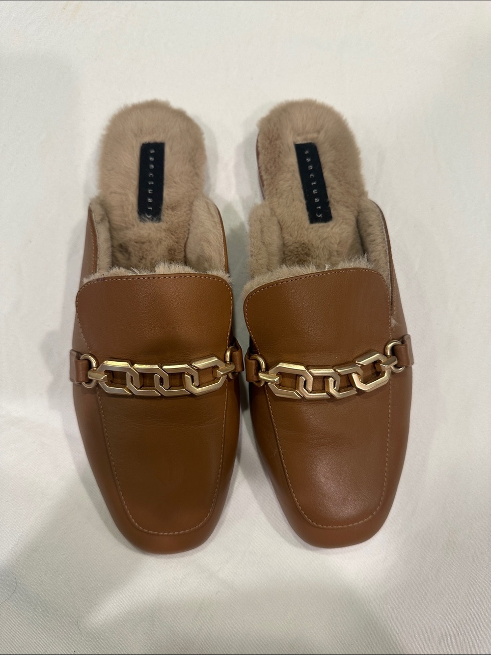 Sanctuary Brown Leather Faux-Fur Lined Chain Mules